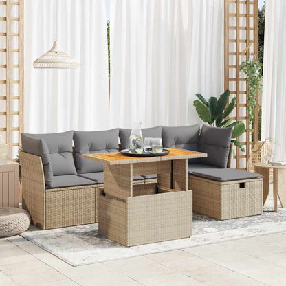 6-tlg. Garten-Sofagarnitur mit Kissen Beige Poly Rattan Akazie