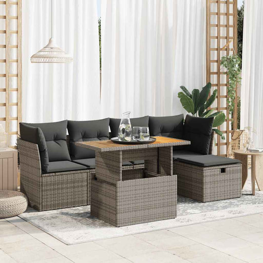 6-tlg. Garten-Sofagarnitur mit Kissen Grau Poly Rattan Akazie