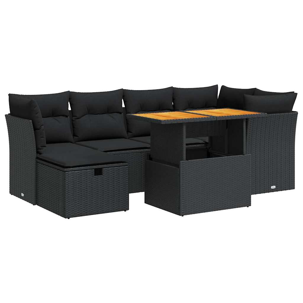 7-tlg. Garten-Sofagarnitur mit Kissen Schwarz Poly Rattan