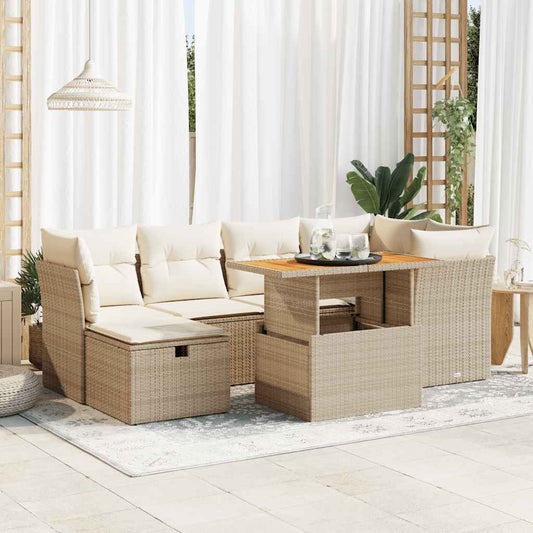 7-tlg. Garten-Sofagarnitur mit Kissen Beige Poly Rattan Akazie