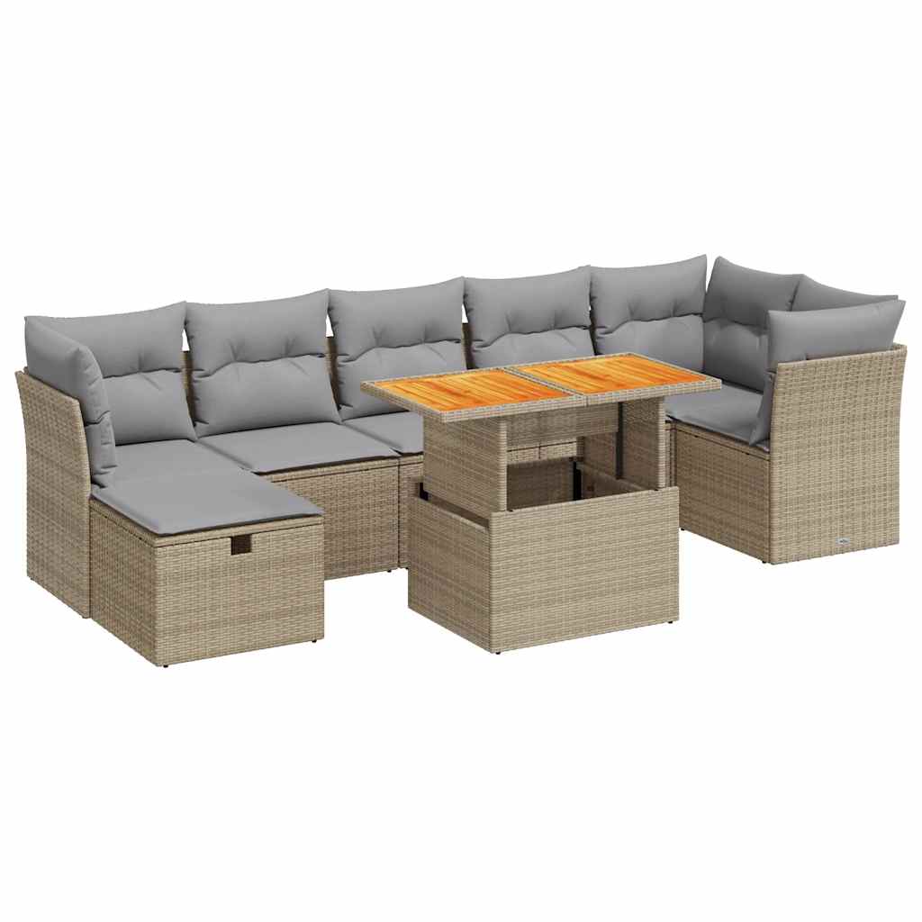 8-tlg. Garten-Sofagarnitur mit Kissen Beige Poly Rattan Akazie