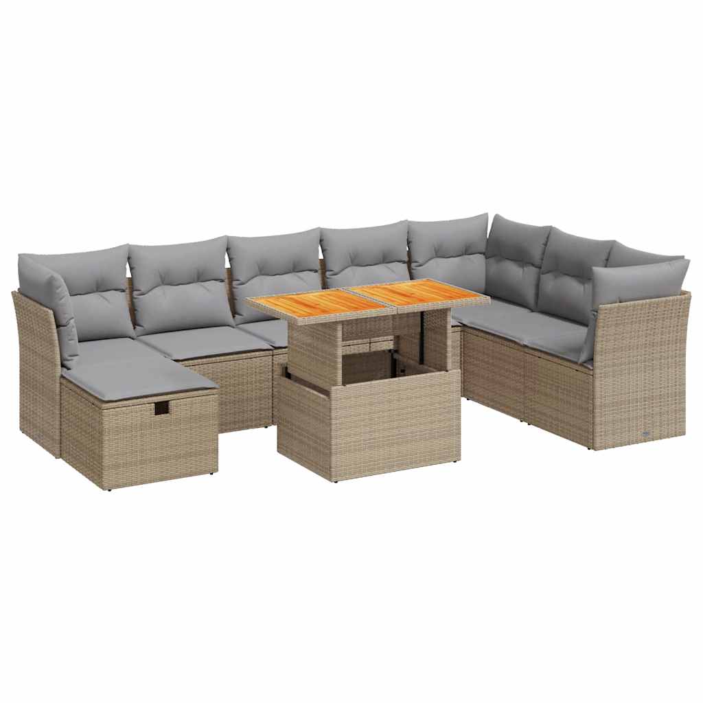 9-tlg. Garten-Sofagarnitur mit Kissen Beige Poly Rattan Akazie