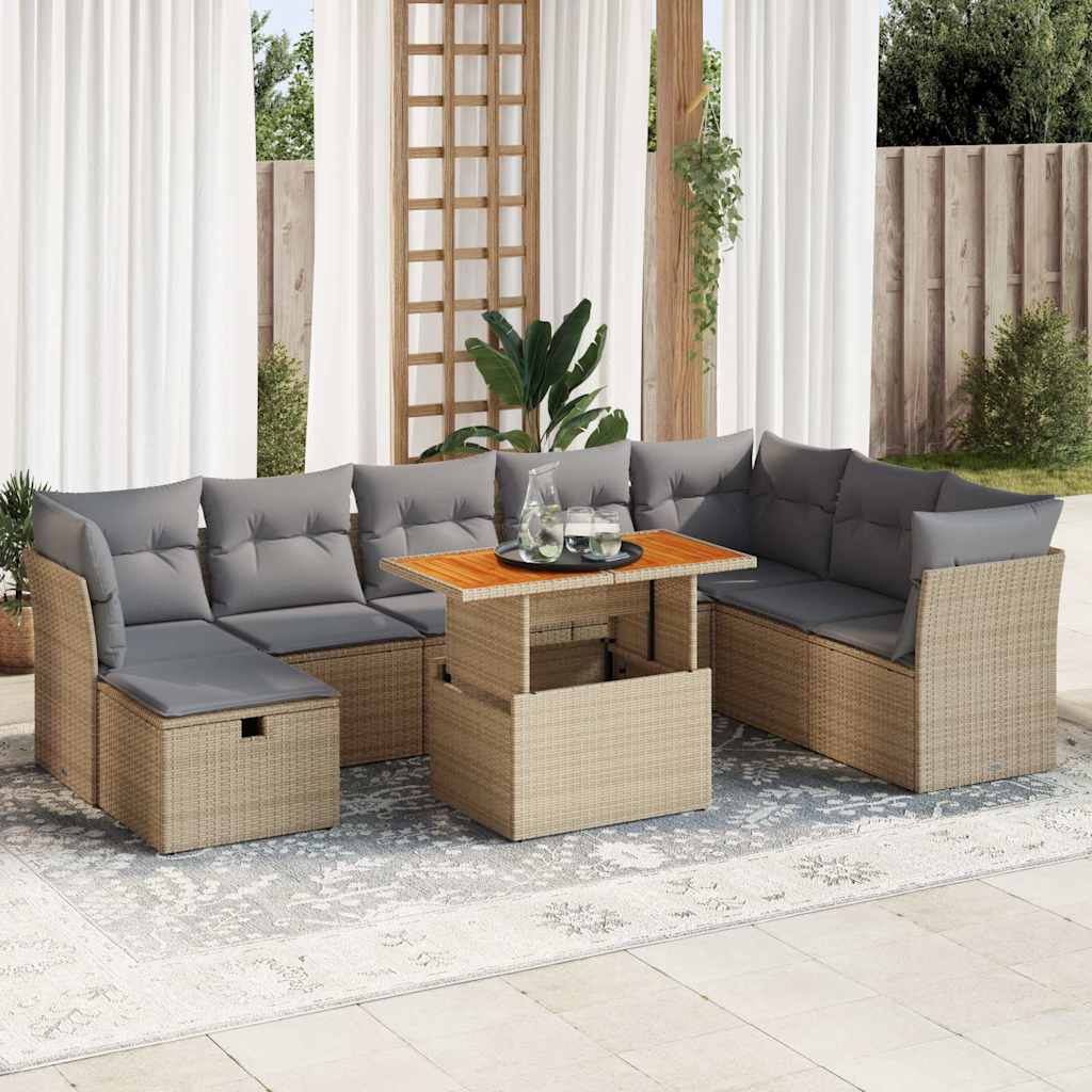 9-tlg. Garten-Sofagarnitur mit Kissen Beige Poly Rattan Akazie