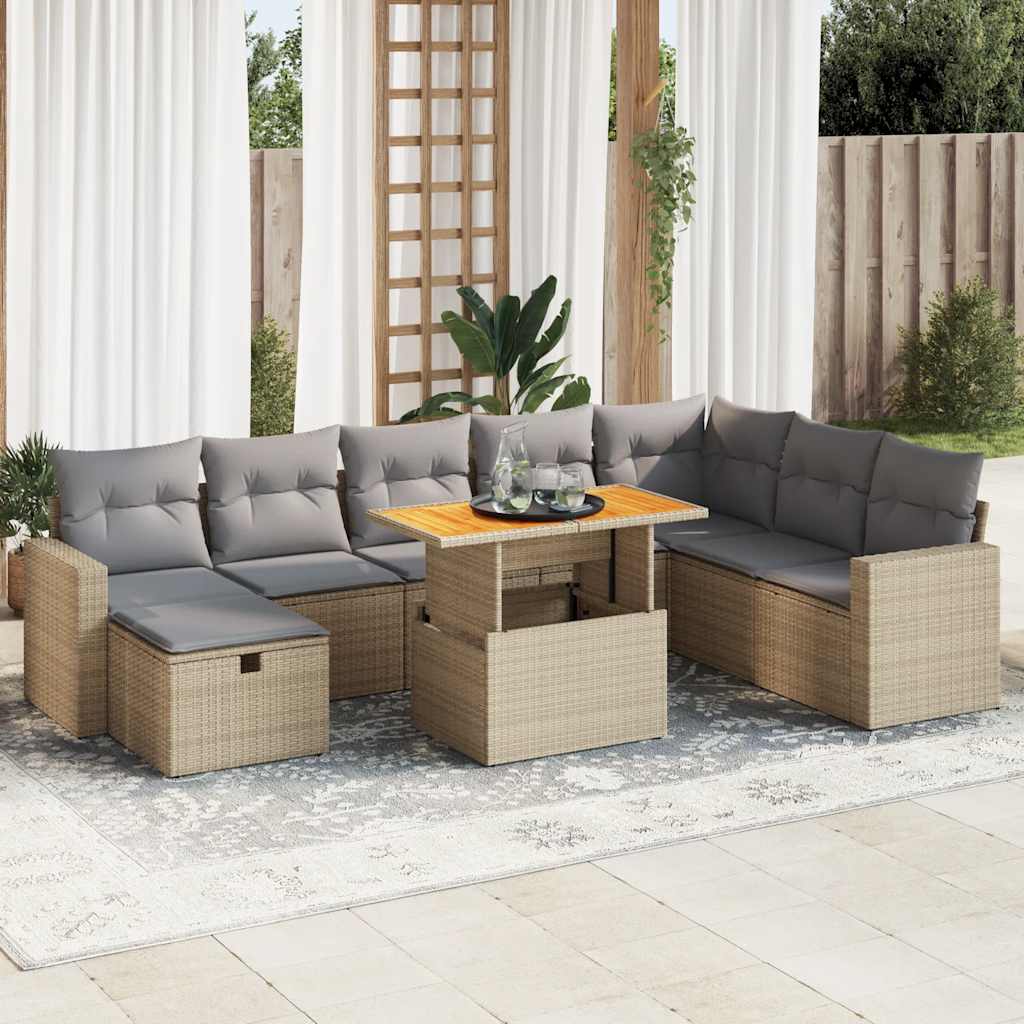 9-tlg. Garten-Sofagarnitur mit Kissen Beige Poly Rattan Akazie