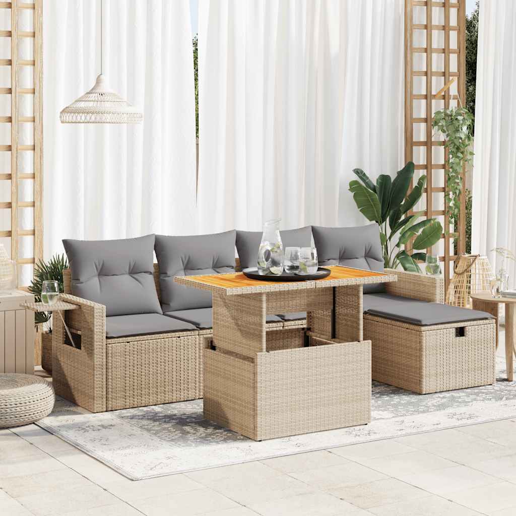 6-tlg. Garten-Sofagarnitur mit Kissen Beige Poly Rattan Akazie