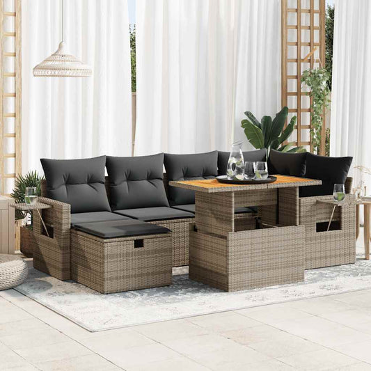 8-tlg. Garten-Sofagarnitur mit Kissen Grau Poly Rattan Akazie