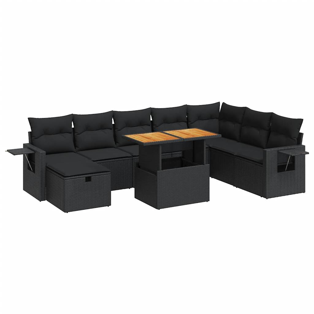 9-tlg. Garten-Sofagarnitur mit Kissen Schwarz Poly Rattan