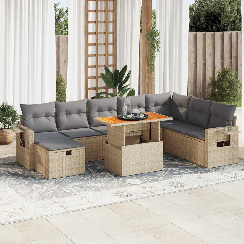 9-tlg. Garten-Sofagarnitur mit Kissen Beige Poly Rattan Akazie