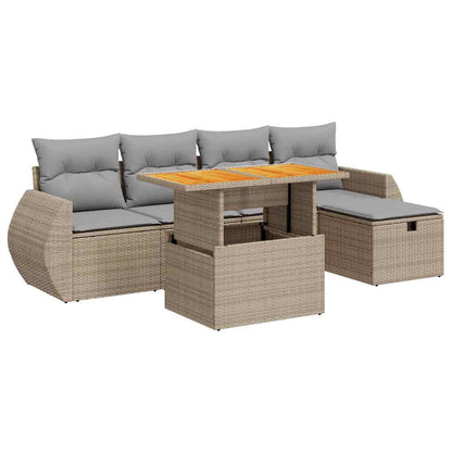 6-tlg. Garten-Sofagarnitur mit Kissen Beige Poly Rattan Akazie