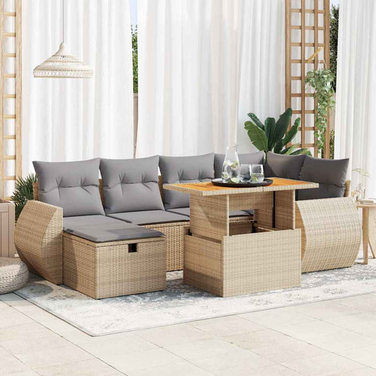 8-tlg. Garten-Sofagarnitur mit Kissen Beige Poly Rattan Akazie