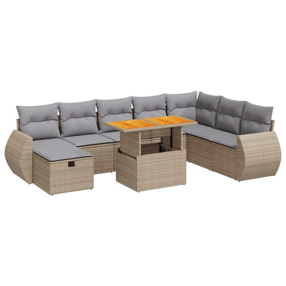 9-tlg. Garten-Sofagarnitur mit Kissen Beige Poly Rattan Akazie