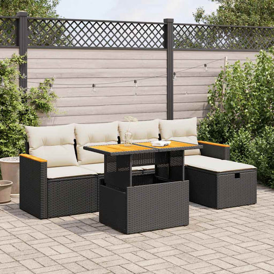 6-tlg. Garten-Sofagarnitur mit Kissen Schwarz Poly Rattan