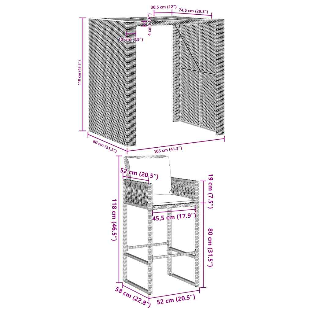 3-tlg. Gartenbar-Set mit Kissen Grau Poly Rattan Akazie