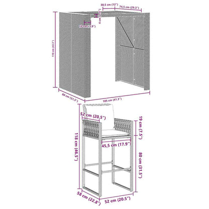 3-tlg. Gartenbar-Set mit Kissen Grau Poly Rattan Akazie