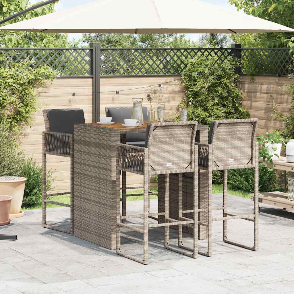 5-tlg. Gartenbar-Set mit Kissen Grau Poly Rattan Akazie