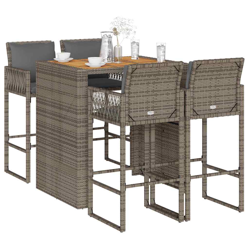 5-tlg. Gartenbar-Set mit Kissen Grau Poly Rattan Akazie