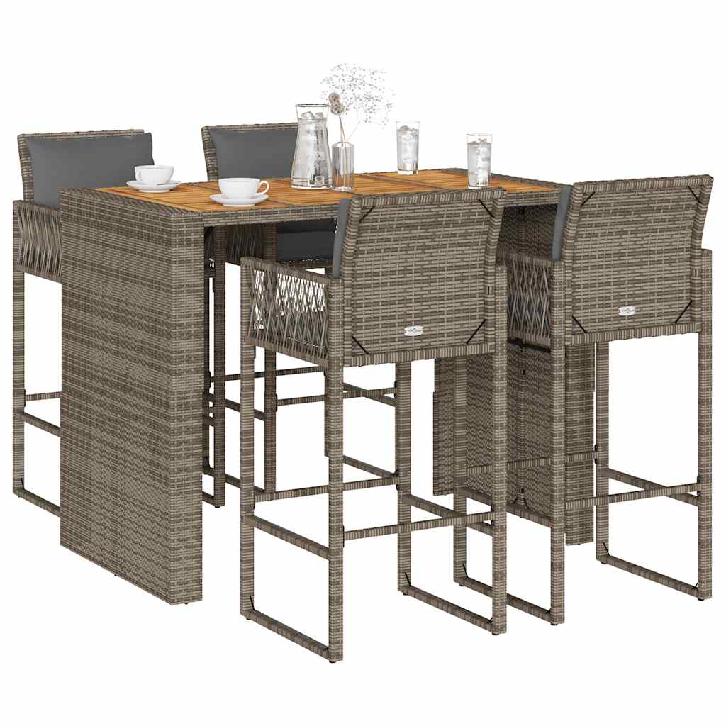 5-tlg. Gartenbar-Set mit Kissen Grau Poly Rattan Akazie