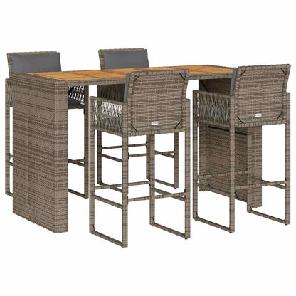 5-tlg. Gartenbar-Set mit Kissen Grau Poly Rattan Akazie