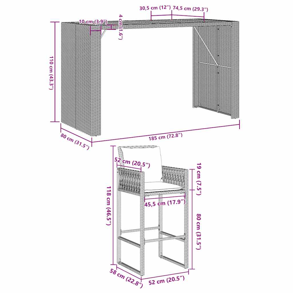 5-tlg. Gartenbar-Set mit Kissen Grau Poly Rattan Akazie