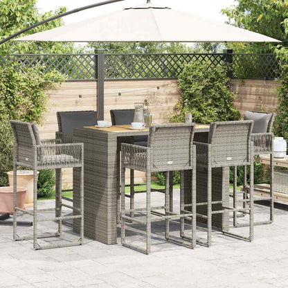 7-tlg. Gartenbar-Set mit Kissen Grau Poly Rattan Akazie