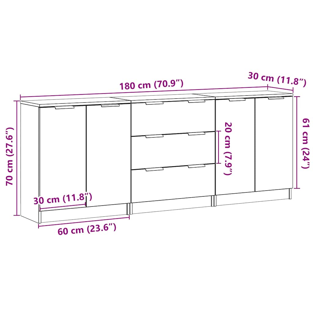 Sideboards 3 Stk. Artisan-Eiche 60x30x70 cm Holzwerkstoff