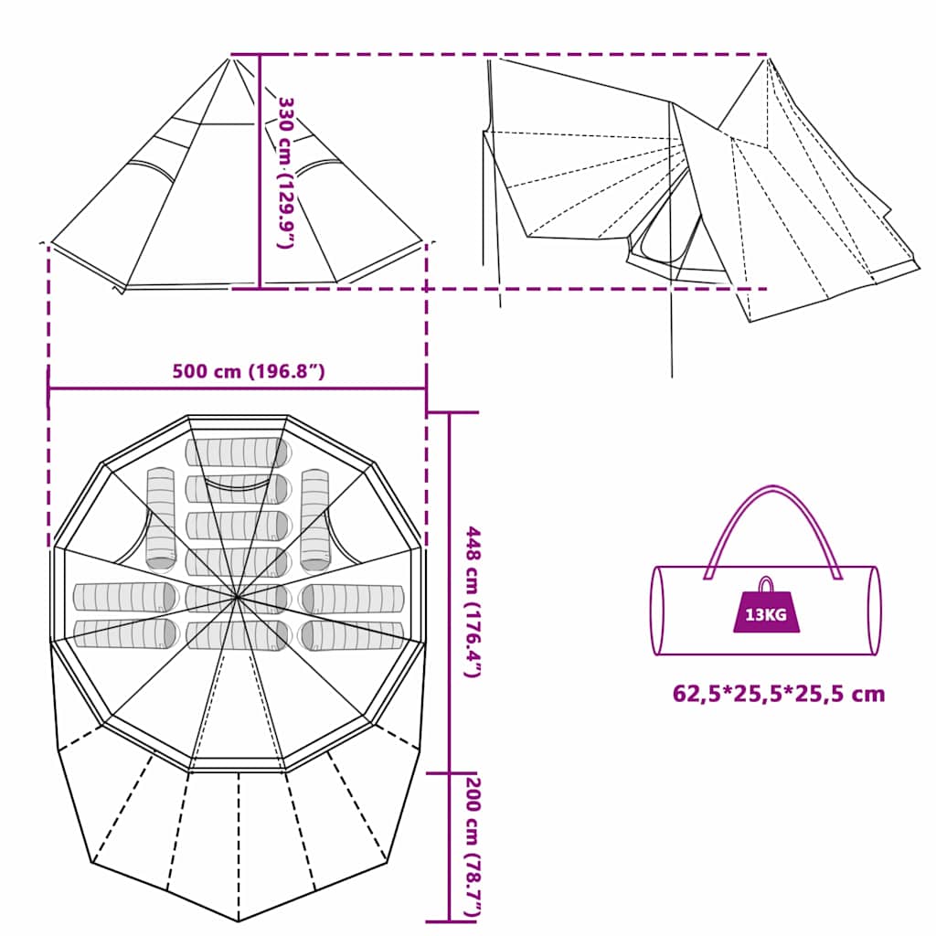 Tenda teepee familiare con tetto, blu e grigio, 510 x 690 x 330 cm