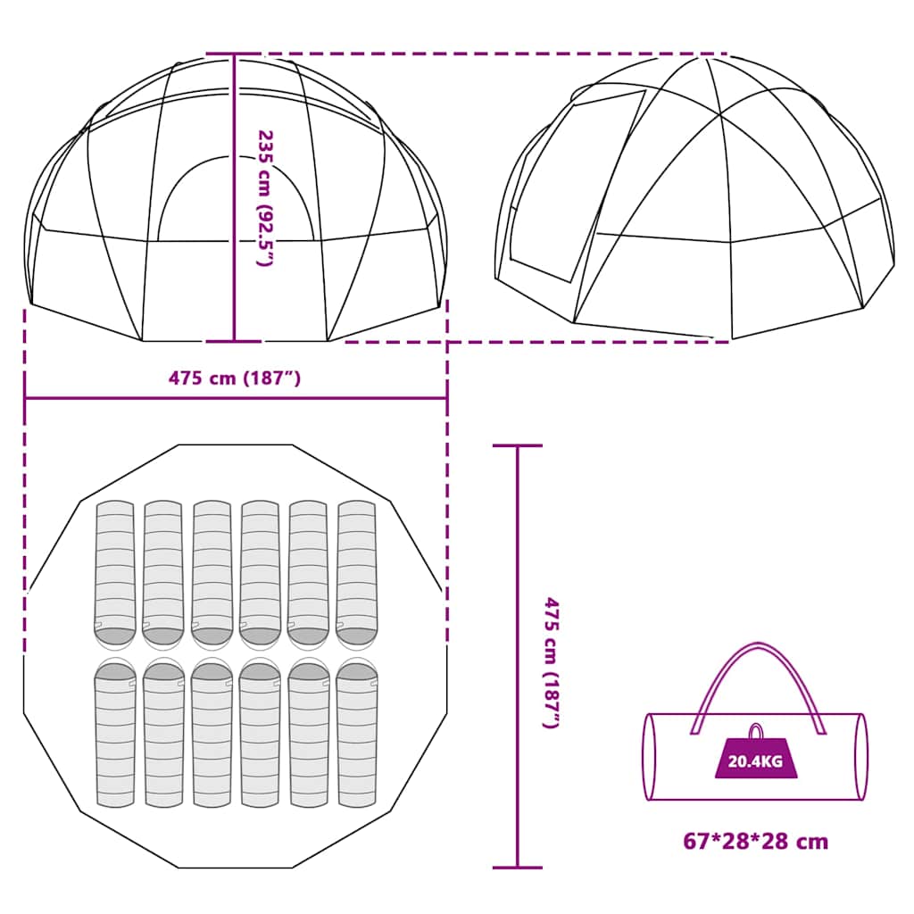 Tenda da campeggio con tetto, verde, 475 x 475 x 235 cm, poliestere