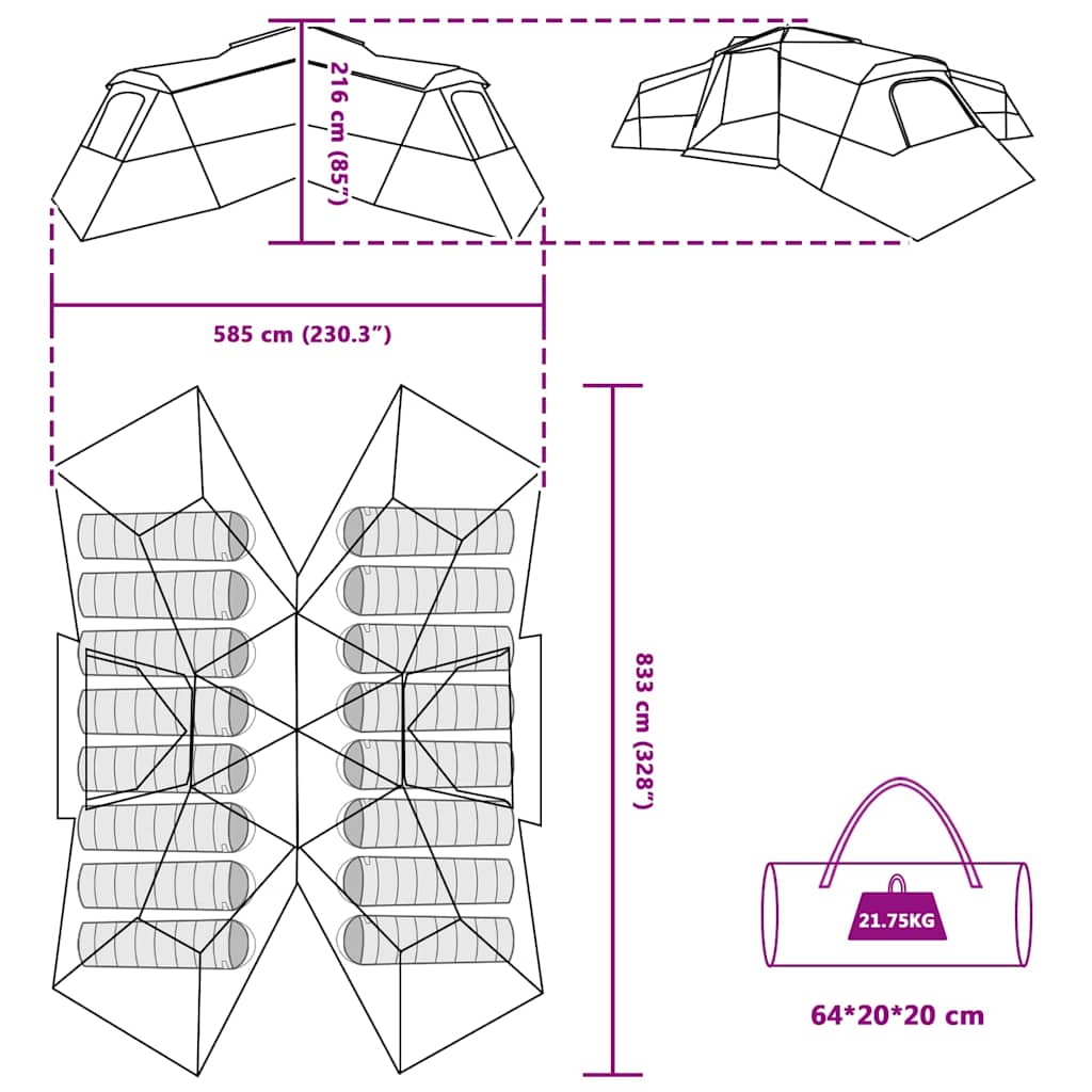 Tenda familiare, verde, 833 x 585 x 216 cm, poliestere