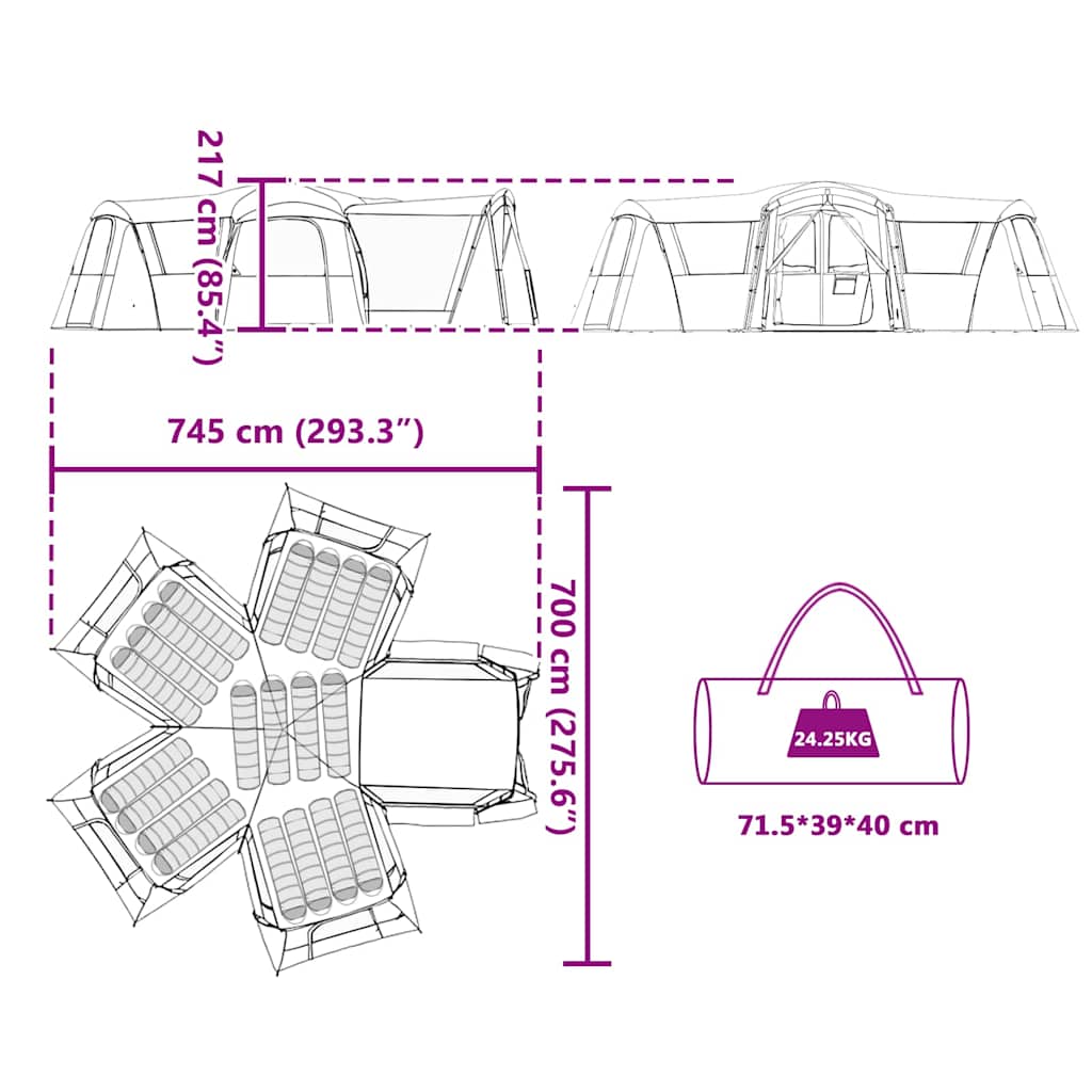Familienzelt mit Dach Grau und Orange 745 x 700 x 217 cm