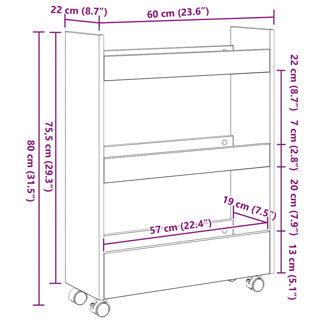 Schmaler Aufbewahrungswagen Schwarz Eichen-Optik