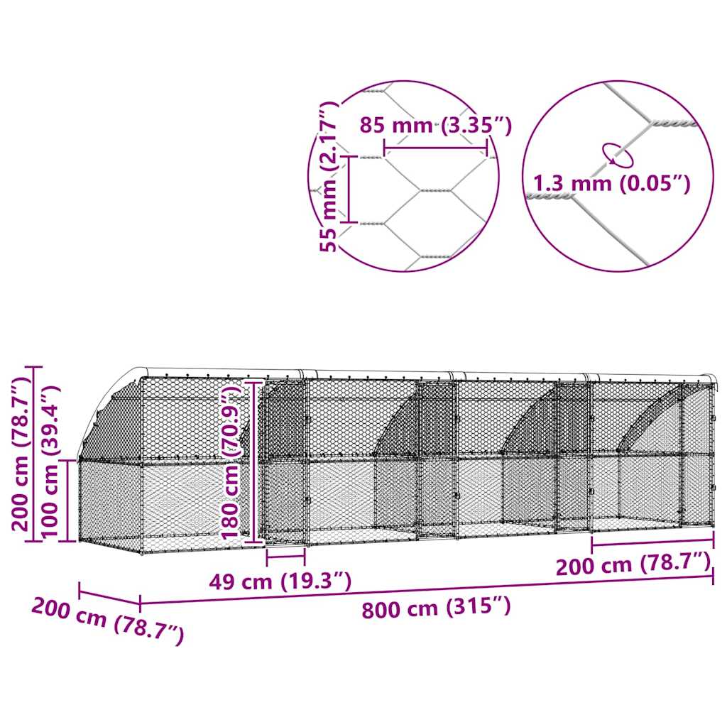 Hundekäfig mit Speicher 4 pcs Silber 8 x 2 x 2 m Stahl