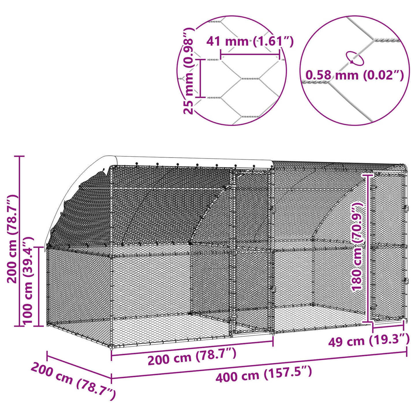 Hühnerkäfig 2 pcs Silber 400 x 200 x 200 cm Stahl und PE