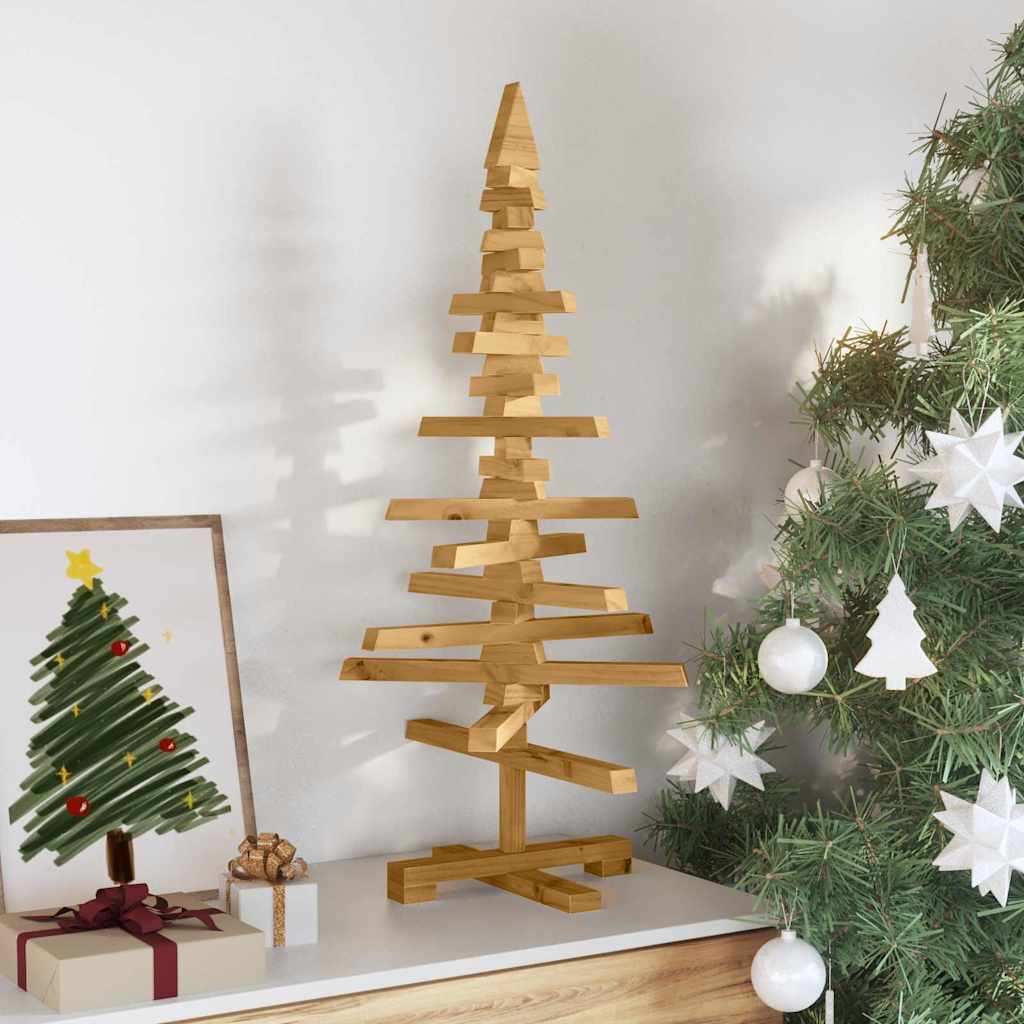 Albero di Natale in legno con supporto, marrone, 90 cm, legno di pino massiccio