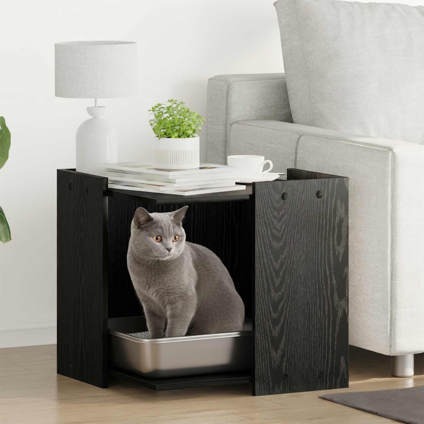 Katzenstreu Box Umzäunung Schwarz Eichen-Optik 53 x 53 x 51 cm