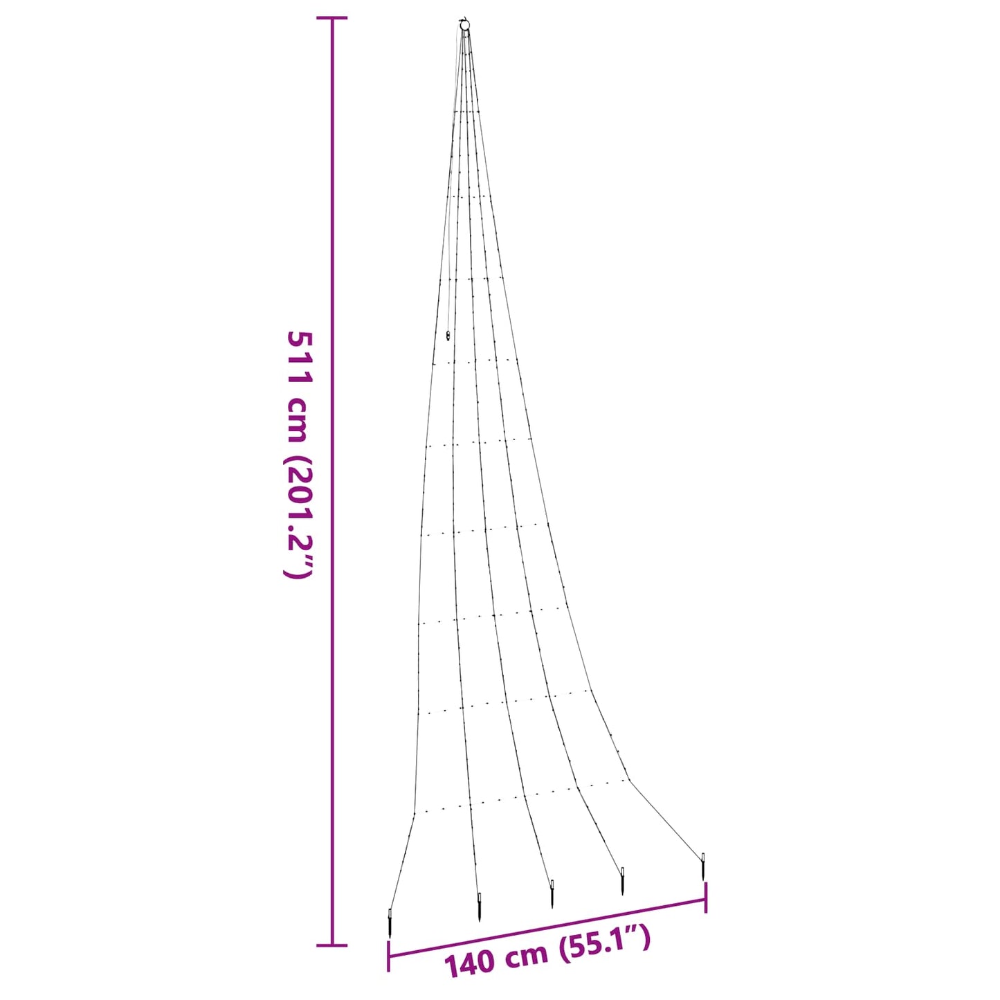 Albero di Natale a LED con picchetti da terra, bianco caldo, 500 cm, metallo