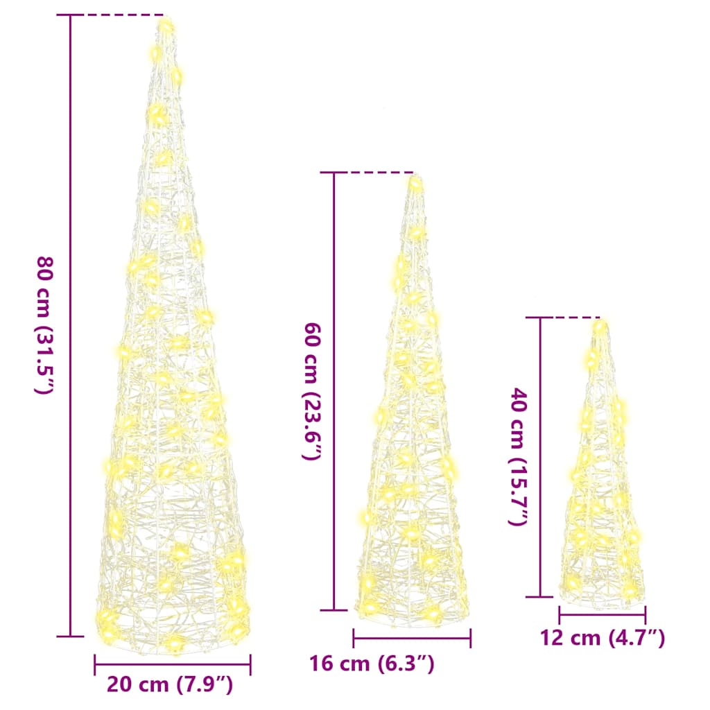 Albero di Natale con 90 LED, 3 pezzi, bianco caldo, 20 x 20 x 80 cm, acrilico