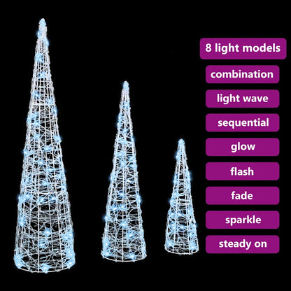 Albero di Natale con 90 LED, 3 pezzi, bianco freddo, 20 x 20 x 80 cm, acrilico