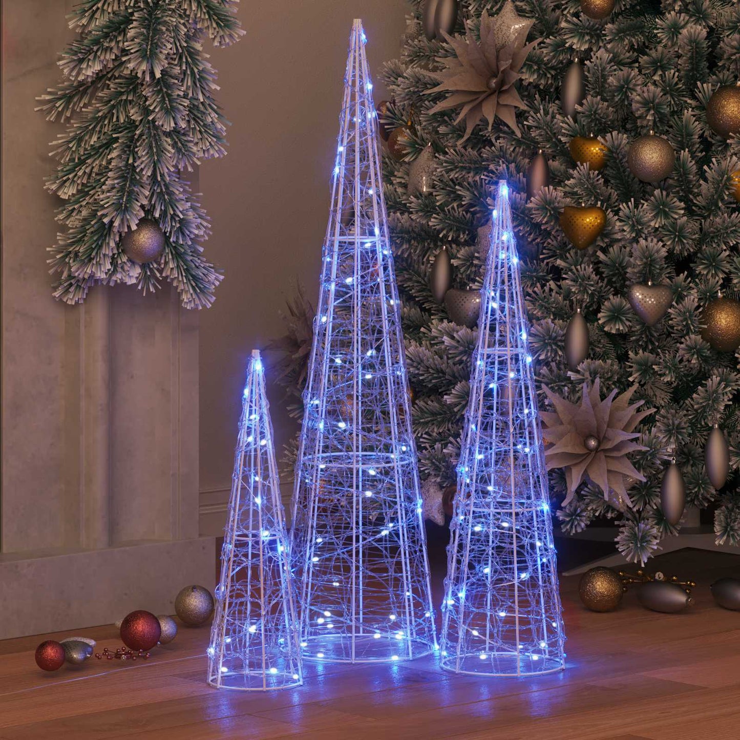 Albero di Natale con 90 LED, 3 pezzi, blu, 20 x 20 x 80 cm, acrilico