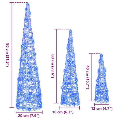 Albero di Natale con 90 LED, 3 pezzi, blu, 20 x 20 x 80 cm, acrilico