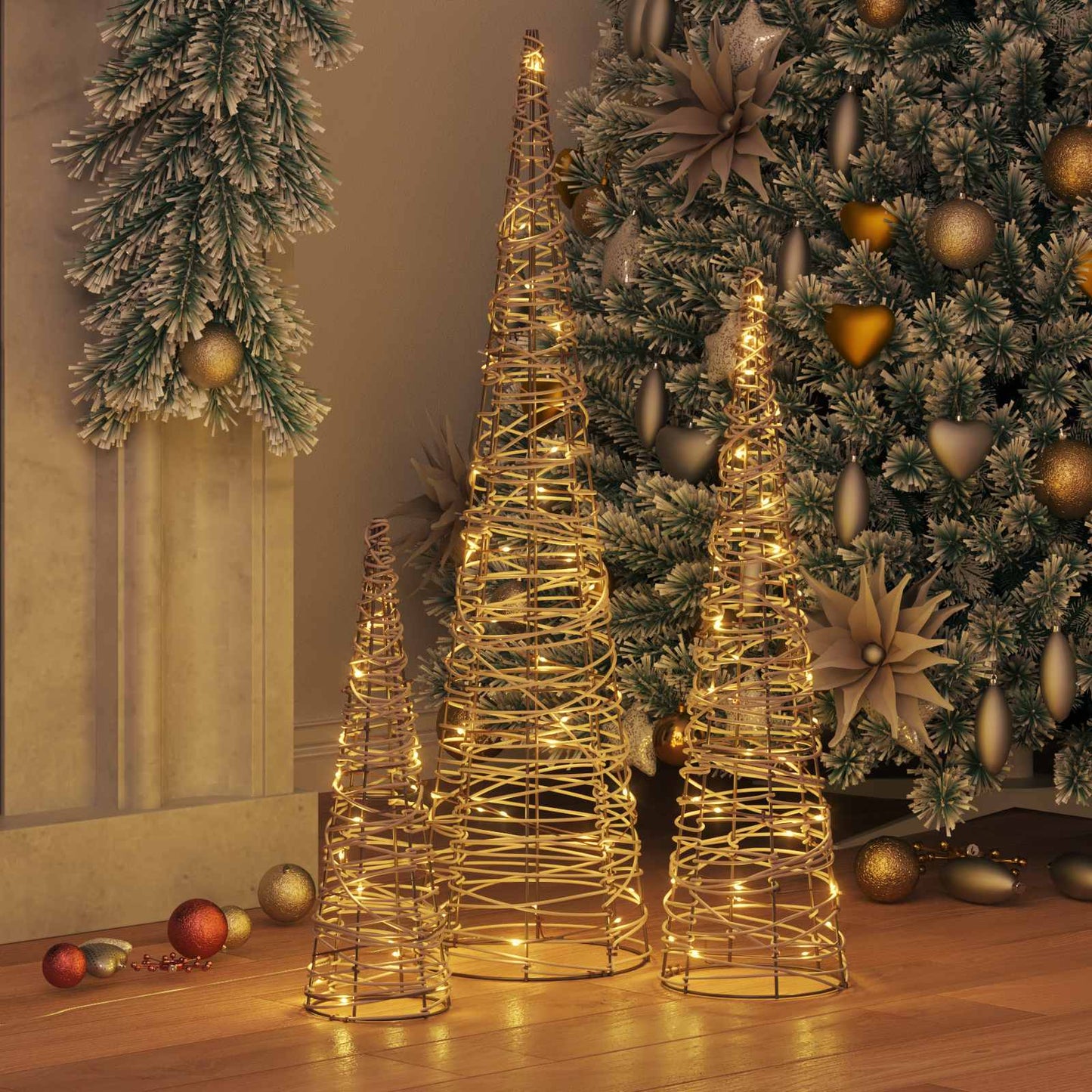 Weihnachtsbaum 3 pcs Warmweiß 20 x 20 x 80 cm Rattan