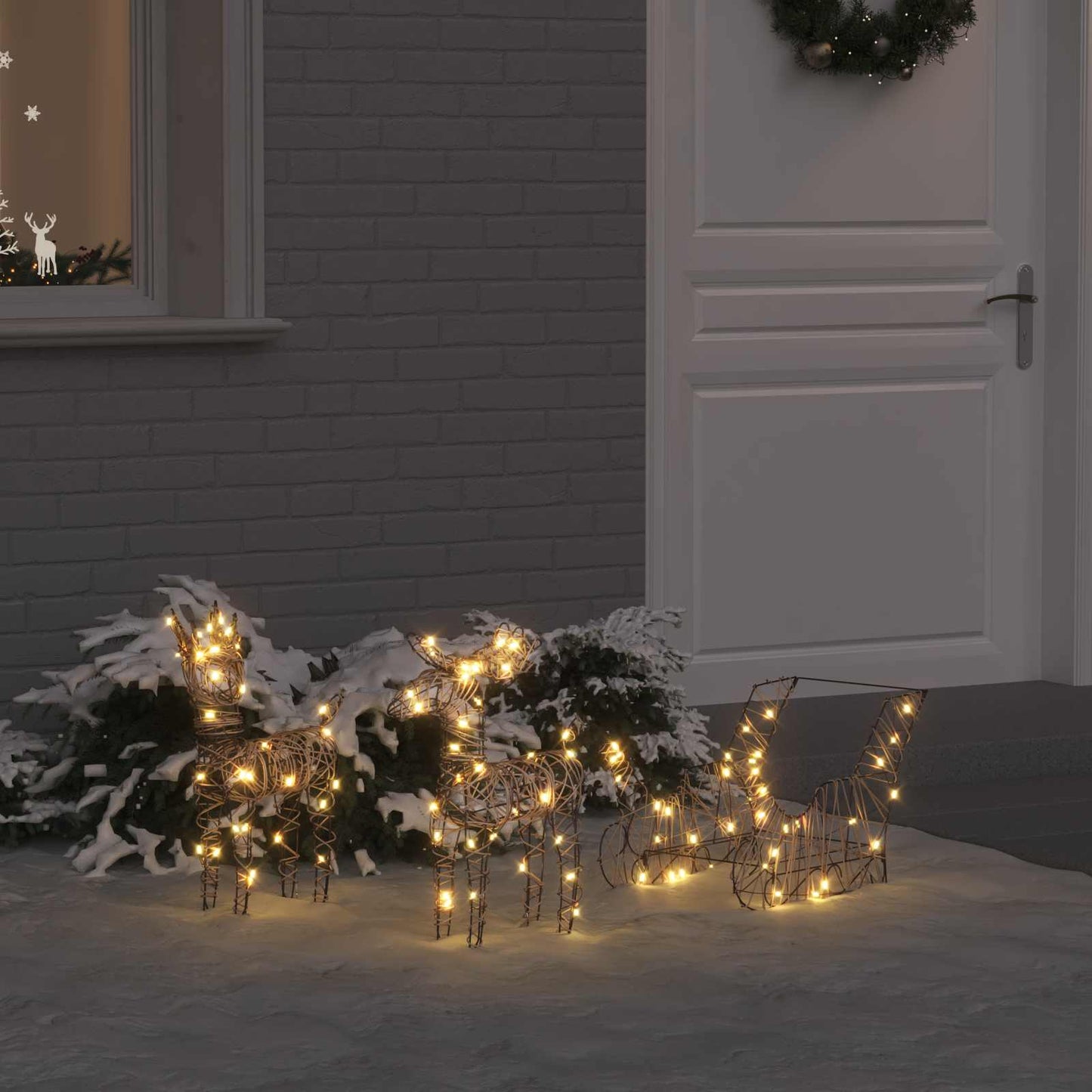 Slitta trainabile con renne, bianco caldo, 53 x 28 x 33 cm, rattan