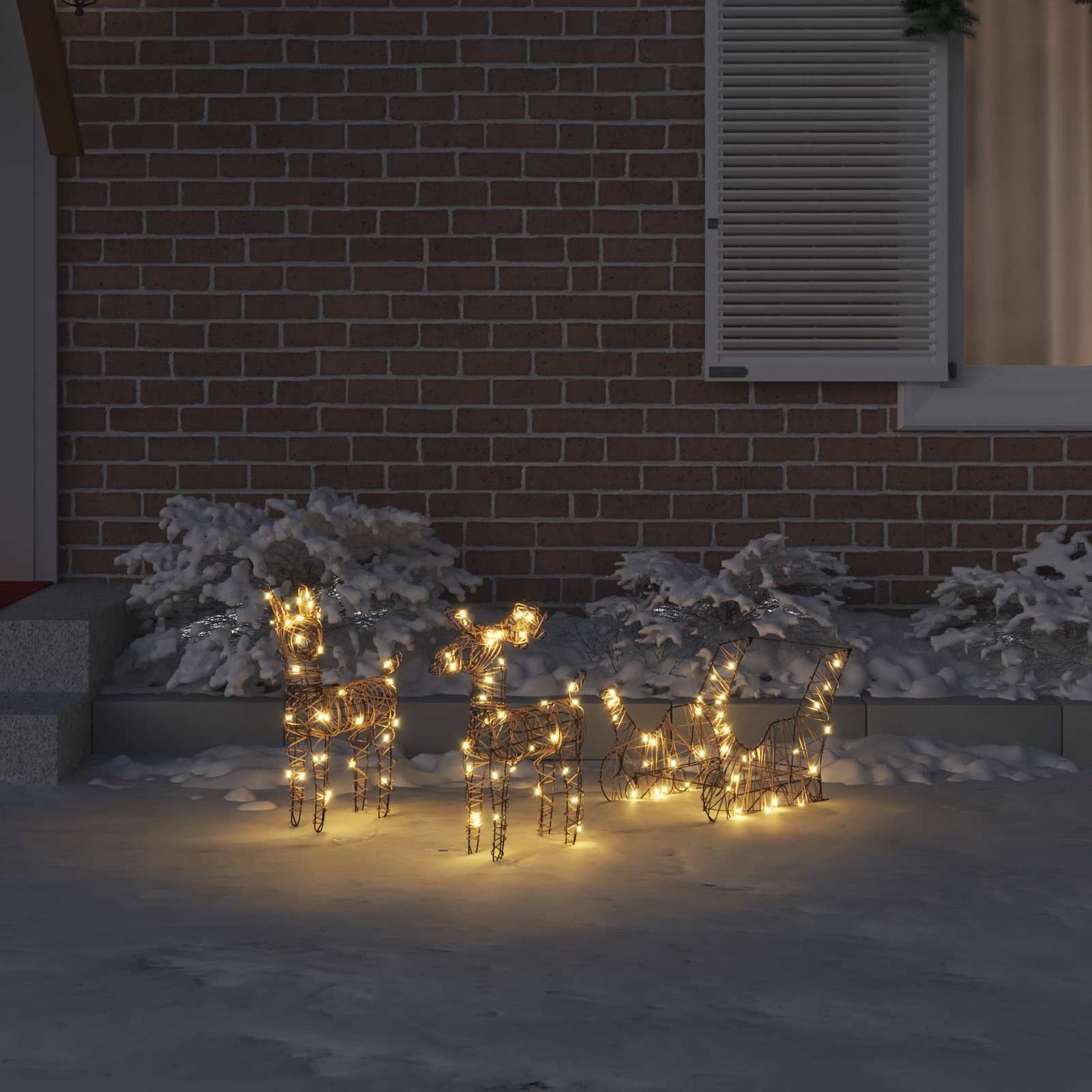 Slitta trainabile con renne, bianco caldo, 53 x 28 x 33 cm, rattan