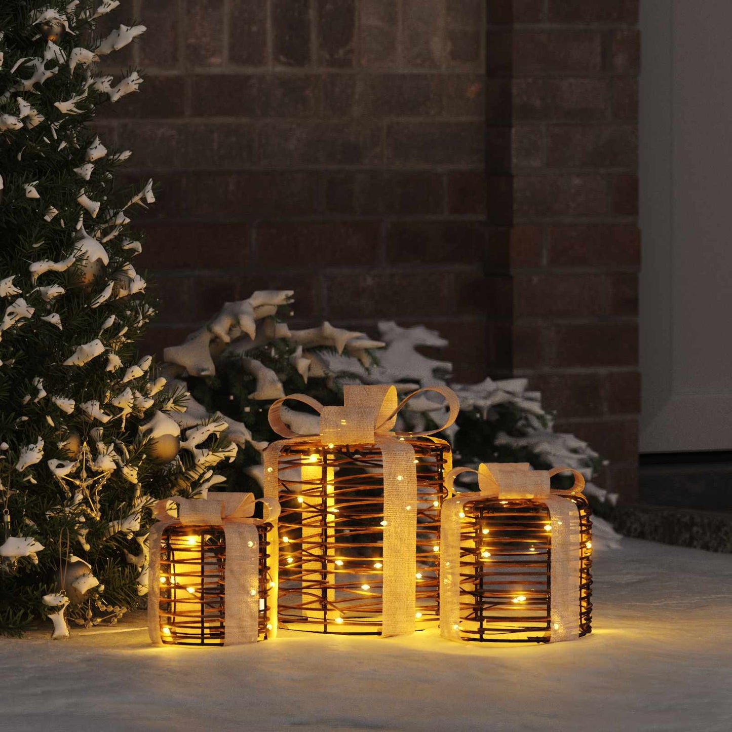 Geschenkbox Dekoration 3 pcs Warmweiß 20 x 20 x 20 cm Rattan