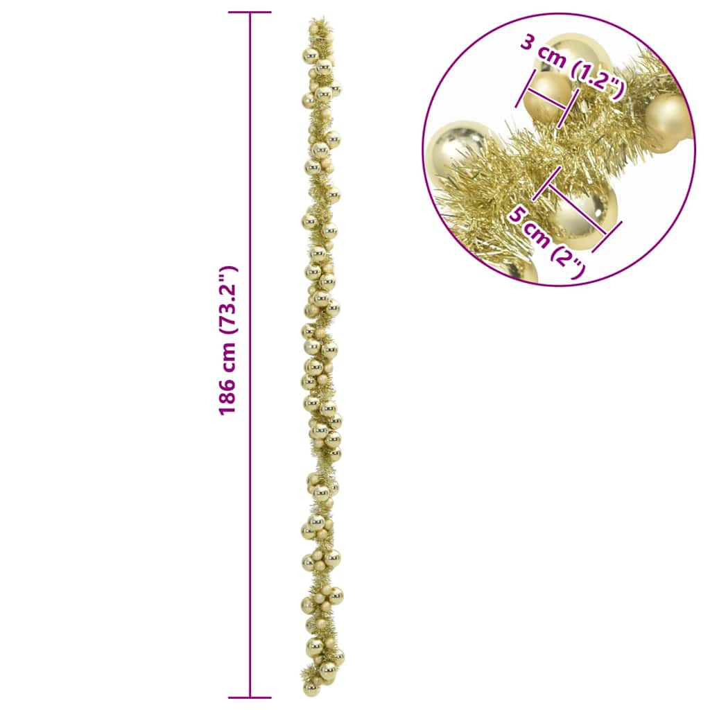 Ghirlanda di palline di Natale, oro, 186 cm, polistirolo