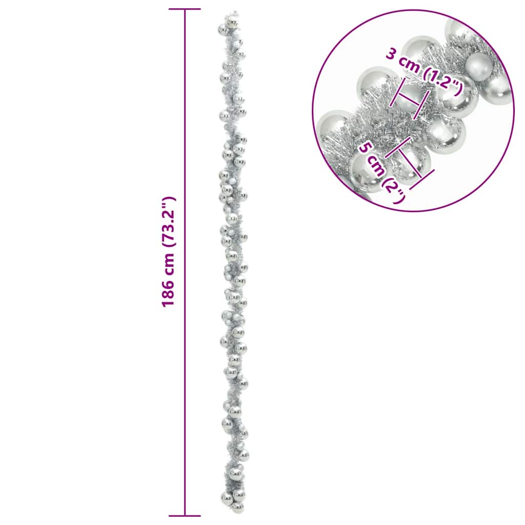 Ghirlanda di palline di Natale, argento, 186 cm, polistirolo