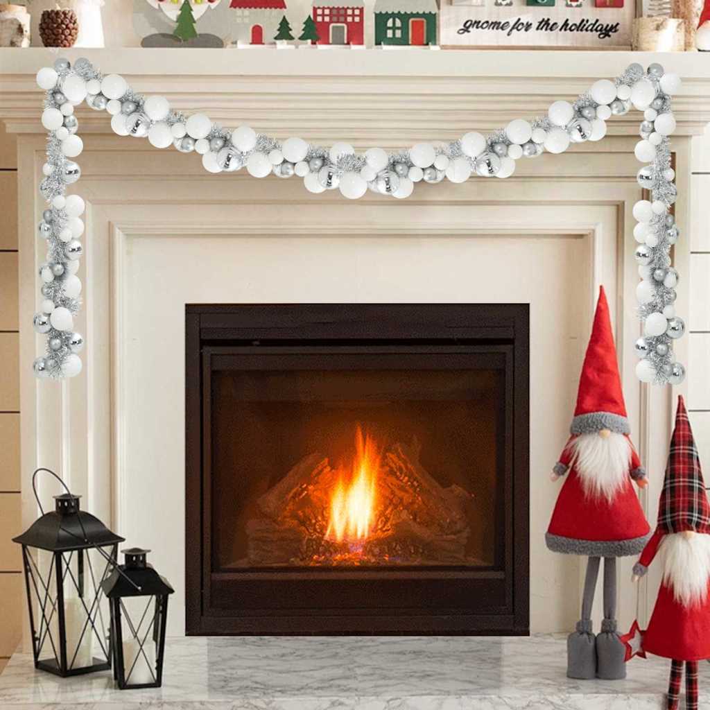 Ghirlanda di palline di Natale, bianca e argento, 186 cm, polistirolo