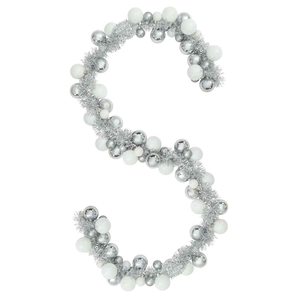 Ghirlanda di palline di Natale, bianca e argento, 186 cm, polistirolo