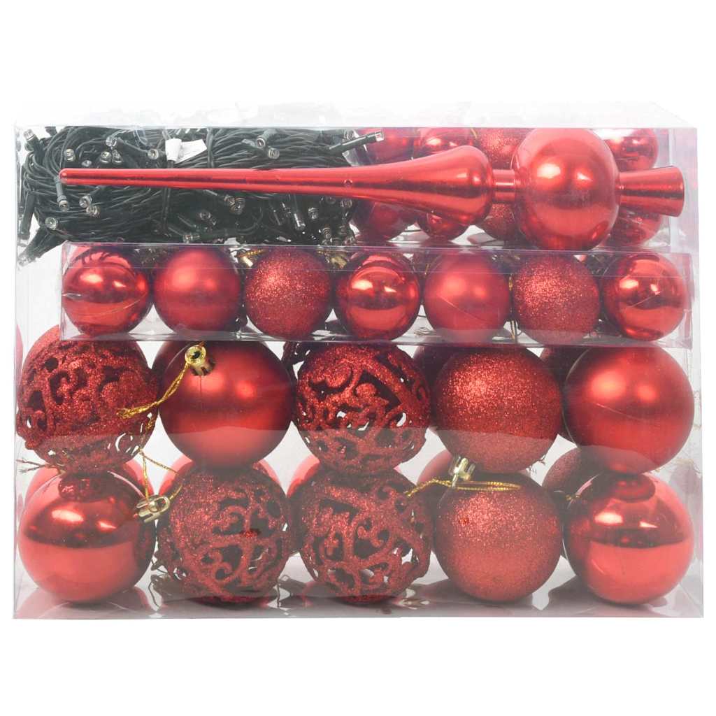 Set di palline di Natale con 150 LED, 61 pezzi, plastica rossa