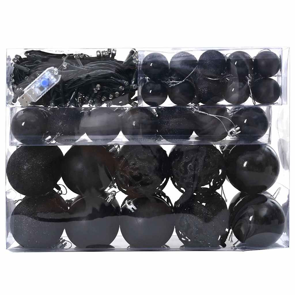 Set di palline di Natale con 150 LED, 61 pezzi, plastica nera