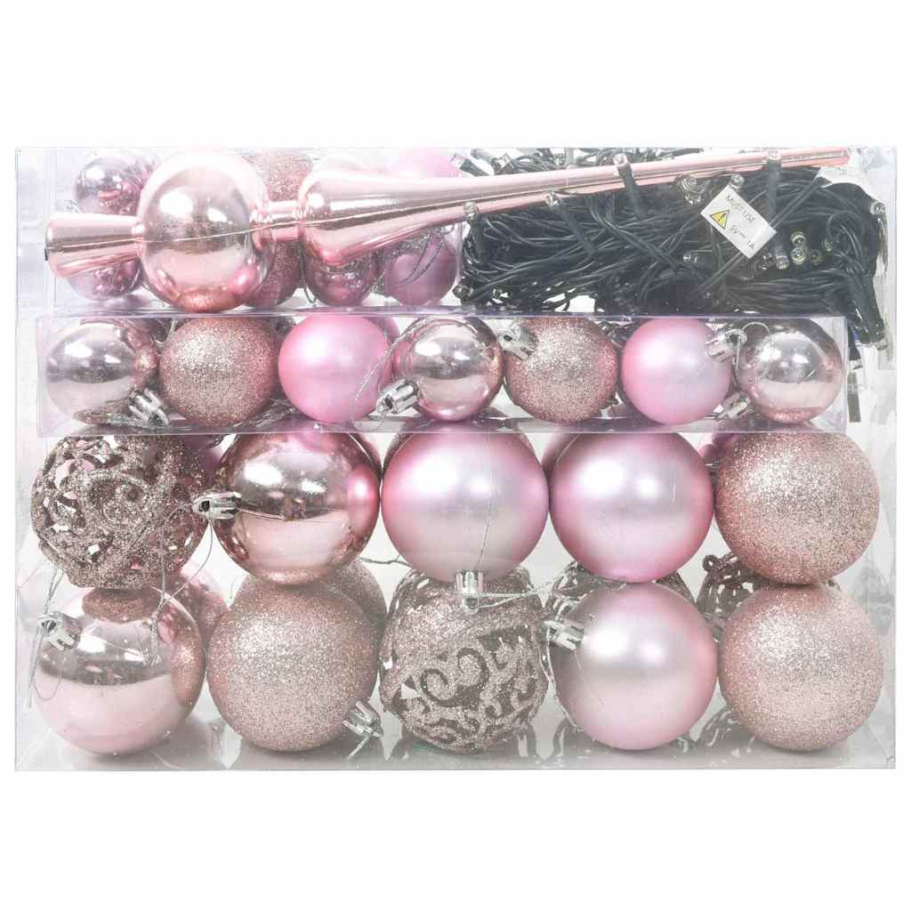 Set di palline di Natale con 150 LED, 61 pezzi, plastica rosa